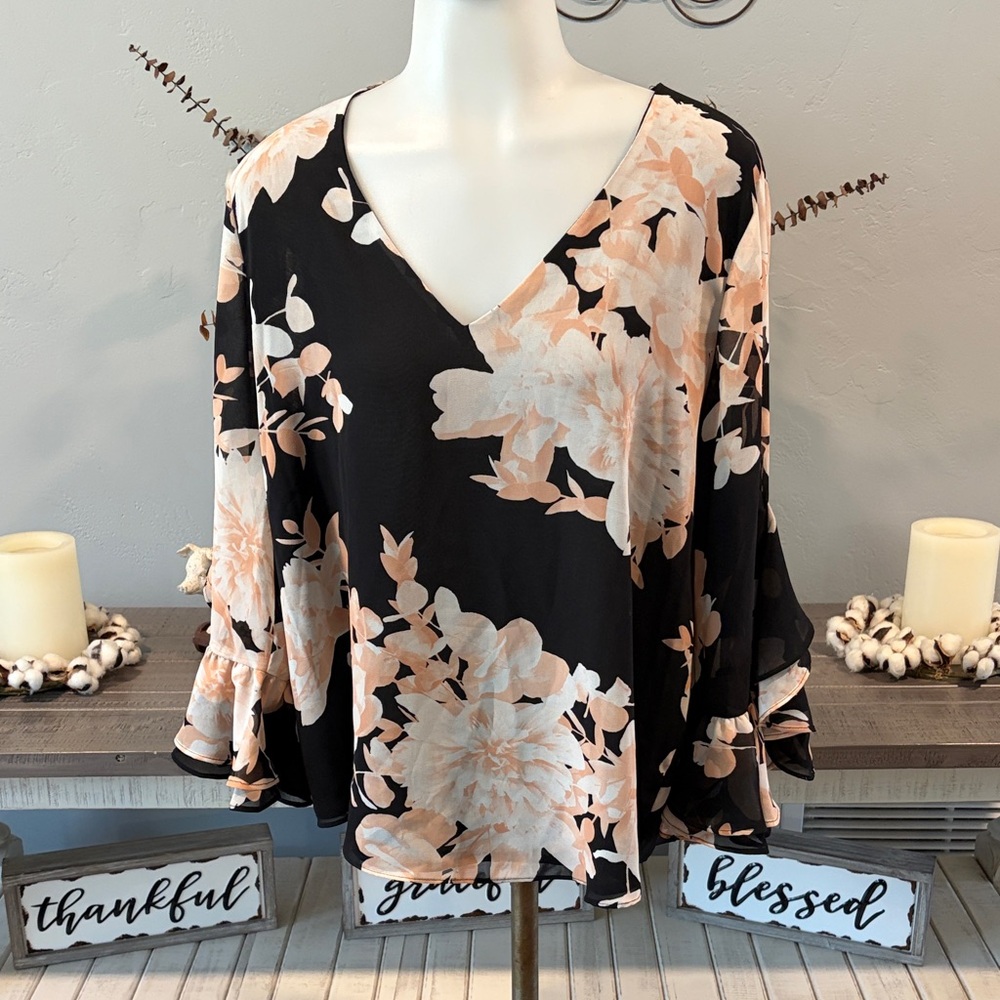 Calvin Klein Black Blush Floral V-Neck Blouse